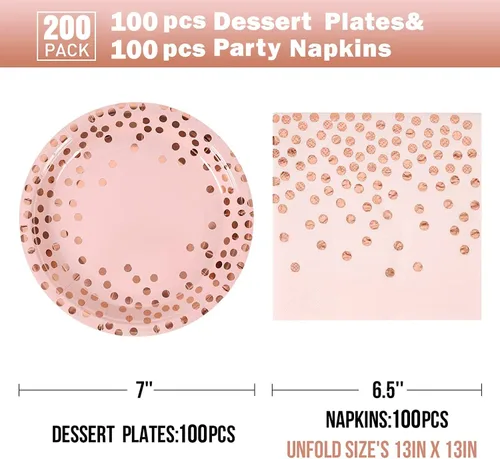 Miniatura 2 de Juego de platos y servilletas de papel rosa y oro rosa - 200 piezas - 100 platos de papel desechables de 7" y 100 servilletas de 6.5", suministros