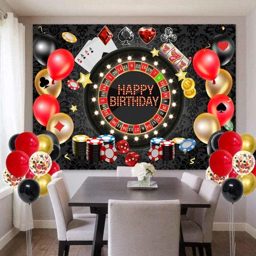 Miniatura 4 de Sensfun Telón de fondo de cumpleaños de casino de póquer Las Vegas, fondo de fiesta de cumpleaños, fichas de ruleta, tema de noche, decoraciones