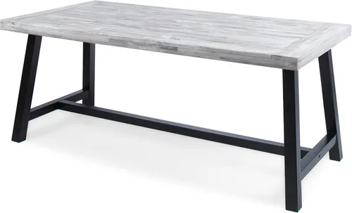 Miniatura 7 de Mesa de comedor de madera de chorro de arena gris claro al aire libre con metal rústico negro e
