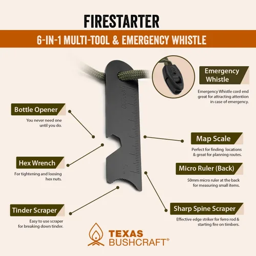 Miniatura 7 de Texas Bushcraft Arrancador de fuego, varilla de ferro de 3/8 pulgadas de grosor con golpeador y cordón de muñeca de paracaídas, encendedor