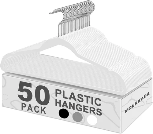 Miniatura 9 de Paquete de 50 perchas de plástico ultradelgadas (45 cm) - Percheros delgados que ahorran espacio con ranuras antideslizantes para guardar la ropa