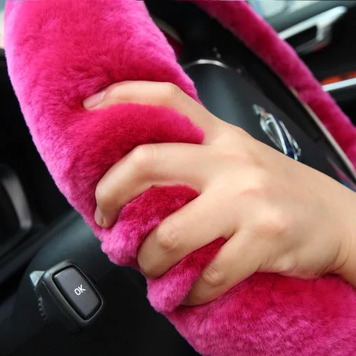 Miniatura 6 de Funda de volante de piel de oveja suave y esponjosa, para vehículo universal, mujeres y hombres, 14,5-15,5 pulgadas, accesorios peludos