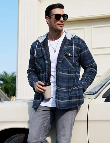 Miniatura 2 de TACVASEN Chaqueta de franela para hombre con capucha, camisas de franela gruesa a cuadros acolchadas, forro de manga larga, abrigo de algodón