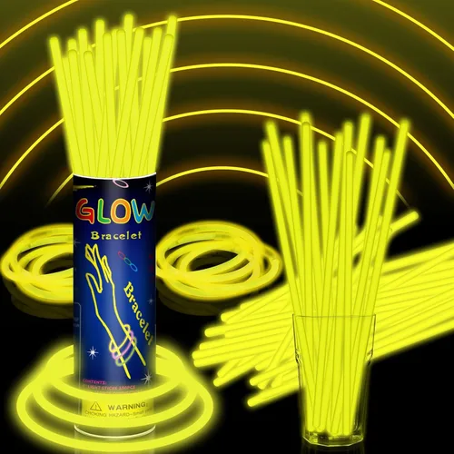 Paquete de 100 varillas de brillo amarillas de 8 pulgadas a granel con 100 conectores, neón que brillan en la oscuridad, suministros para decoración