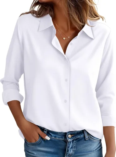 CBOO Camisas resistentes a las manchas para mujer, sin arrugas y sin planchado, blusa de manga larga con botones para oficina Blanco resistente a
