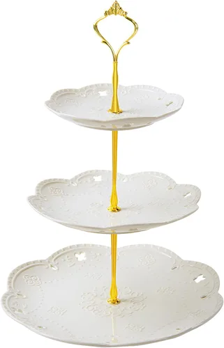 Soporte de cerámica para cupcakes de 3 niveles, bandeja escalonada blanca para cupcakes, soporte de servicio de 3 niveles para fiesta de té,