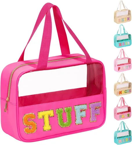 Miniatura 10 de Eurovicky Bolso de Maquillaje Transparente con Letras de Chenilla, Bolsa de Maquillaje de Nailon Preppy con Asa y Cremallera, Bolsa de Viaje