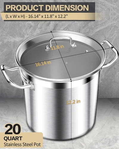 Miniatura 2 de STOCKPOT Olla de acero inoxidable de 20 cuartos de galón con tapa de vidrio templado, base de 3 capas, 8.8 libras, acabado pulido, adecuada