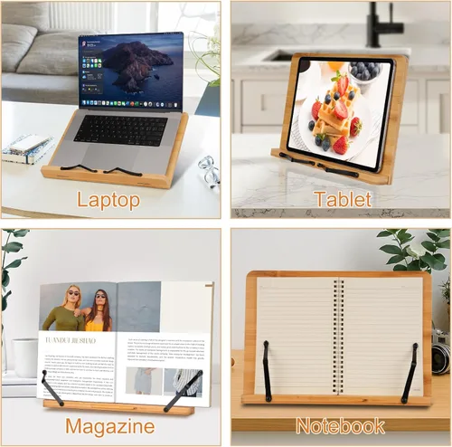 Miniatura 8 de MEGREZ Soporte de bambú para libros de 13.2 x 9.4 pulgadas, soporte plegable para libros de cocina con 6 alturas ajustables, soporte para libros