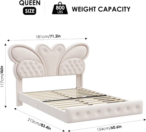 Miniatura 2 de Keyluv Base de cama Queen con cabecera tapizada con patrón de mariposa, moderna cama flotante con luces LED, botón copetudo en cabecero y estribo