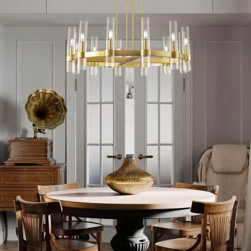 Miniatura 4 de Candelabro de 12 Luces de Latón Redondo 36" Candelabros de Rueda de Vagón de 91 cm para Fijo de Iluminación de Comedor Tubo de Vidrio Transparente