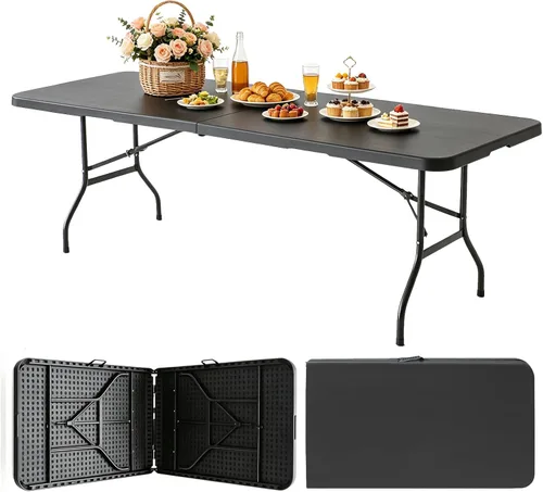 Miniatura 13 de Mesa plegable portátil de plástico de 4 pies/6 pies/8 pies, mesa de picnic y comedor de alta resistencia, color blanco y negro, plegable a la mitad
