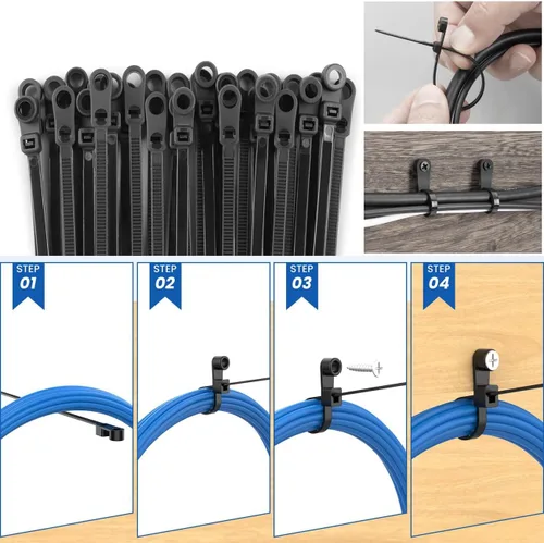 Miniatura 4 de Bridas de cremallera negras de 8 pulgadas con agujero de tornillo, bridas de cable resistentes para cables de 75 libras con cabeza montable