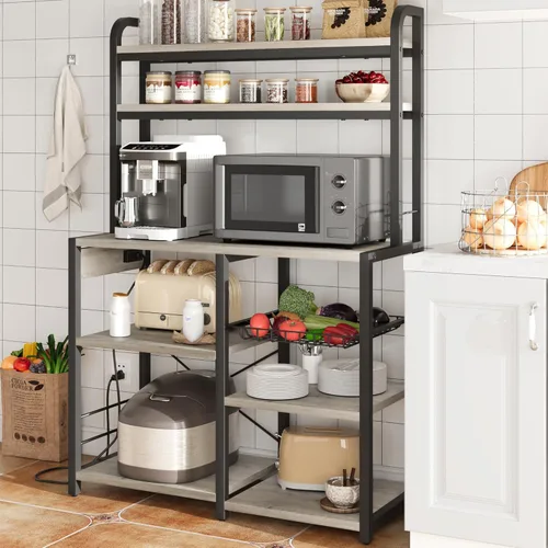 Miniatura 8 de Amyove Estante para panaderos con toma de corriente, barra de café con cajón de alambre, soporte para microondas, mesa de cocina con gran Negro