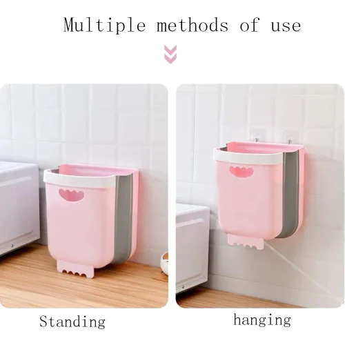 Miniatura 6 de Cubo de basura colgante de cocina, cubo de basura pequeño plegable para puerta de armario de cocina, contenedor de basura de plástico plegable Verde