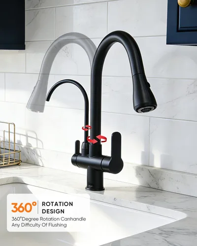 Miniatura 6 de WANFAN Grifo de fregadero de cocina con rociador extraíble 2 manijas 3 en 1 filtro de agua purificador grifos negro 0195R