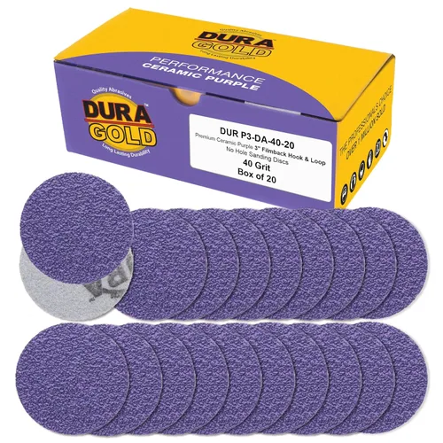 Dura-Gold Discos de lijado de cerámica de película morada de 3 pulgadas de grano 40 premium, caja de 20 – Papel de lija con respaldo de gancho y