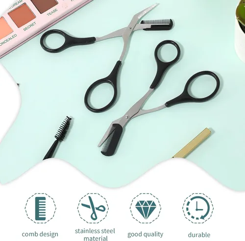 Miniatura 6 de KALIONE Tijeras profesionales para recortar cejas con peine, acero inoxidable, negro, ambidiestro, borde recto, 2 unidades, perfectas para hombres