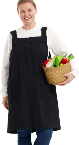 Miniatura 18 de Delantales sin lazos para mujer, talla grande, con bolsillos, de algodón, lino, para hornear, cocina, cocina