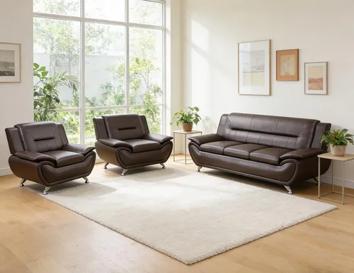 Miniatura 26 de Sofás Seccionales de Cuero, Conjuntos de Muebles de Sala de Estar, 3 Piezas Conjunto de Sofá Moderno para Sala de Blanco crema