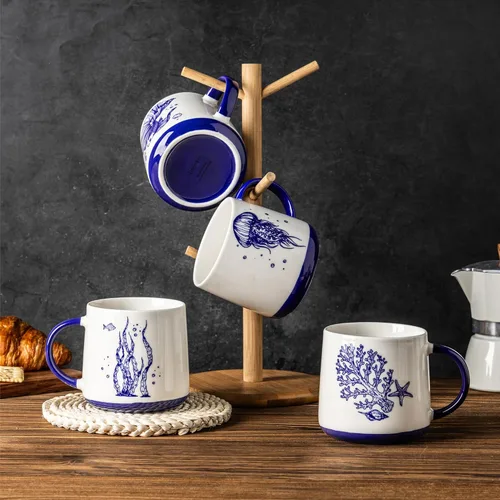 Miniatura 8 de AmorArc Juego de 4 tazas de café grandes de cerámica de 16 onzas con patrones de vida marina para té, café con leche y cacao. Fácil de sostener