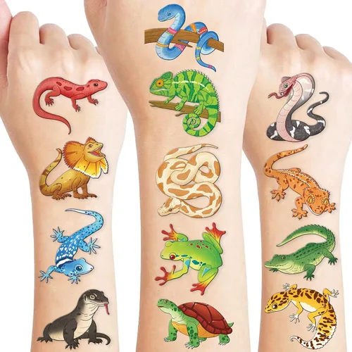 Miniatura 9 de 96 tatuajes temporales luminosos precortados con diseño de lagarto de selva de animales reptiles que brillan en la oscuridad para niños Tatuajes