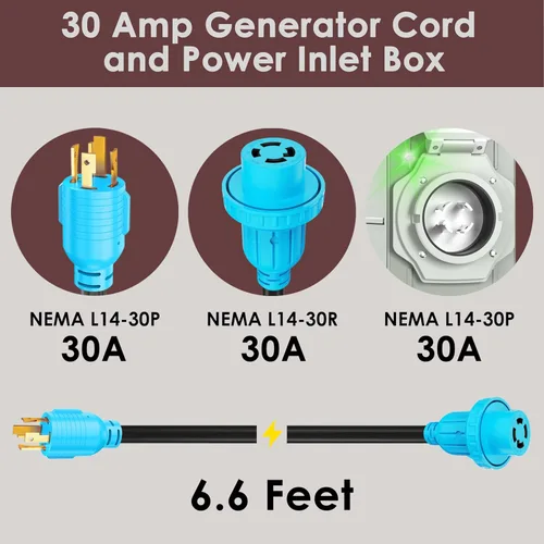 Miniatura 2 de CircleCord Cable de extensión para generador de 4 clavijas de 6.6 pies 30 amperios y caja de entrada con conector de bloqueo, servicio pesado NEMA