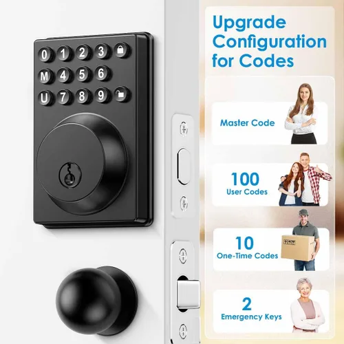 Miniatura 2 de Cerradura de Puerta de Entrada sin Llave con Teclado Pestillo Negro Mate con el Último Programa Simplificado de Un Toque y Seguridad Avanzada