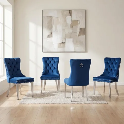 Miniatura 143 de OVENTA Juego de 4 sillas de comedor modernas tapizadas copetudas, terciopelo negro y gris y cuero con patas de madera maciza, sillas de cocina