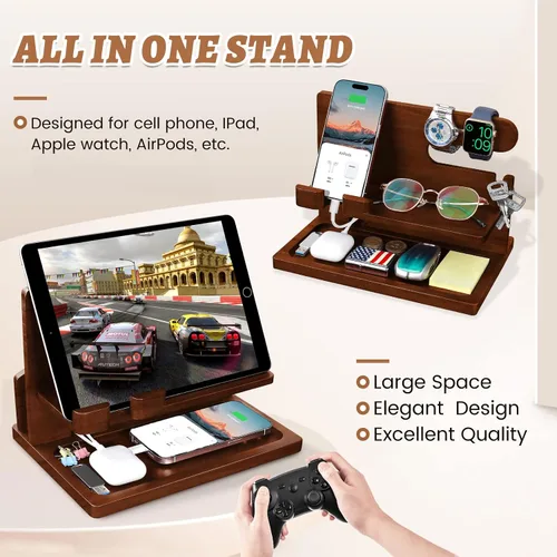 Miniatura 2 de Estación de carga de teléfono de madera - Organizador de carga de mesita de noche y soporte para teléfono celular - Regalo de cabecera para hombres