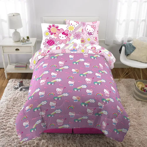 Miniatura 6 de Franco - Juego de edredón y sábanas supersuaves con funda para niños, 5 piezas, tamaño individual, Hello Kitty Hello Kitty - Jardín del arco iris