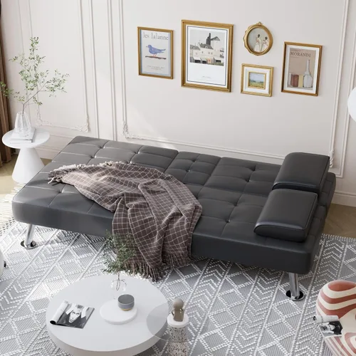 Miniatura 3 de Shahoo - Sofá cama convertible tipo futón plegable para sala de estar, sofá cama con respaldo tapizado de cuero sintético, sillón con reposabrazos