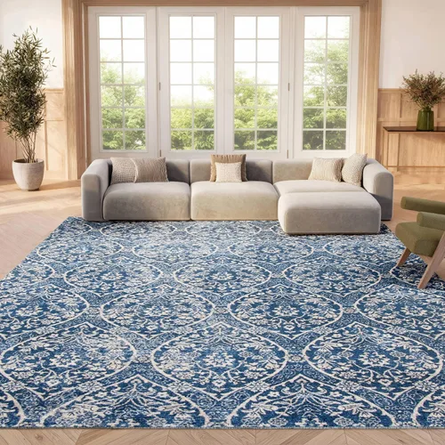 SAFAVIEH Brentwood Collection - Alfombra de área de 10 x 13 pies, azul marino y gris claro, diseño floral de damasco Ogee enrejado, no desprende