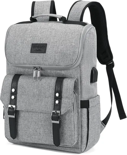 Miniatura 10 de Mochila vintage para laptop con puerto de carga USB para mujeres y hombres, Púrpura, 15,6 pulg.