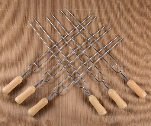 Miniatura 5 de IMEEA Brochetas de acero inoxidable de doble punta de 15.3 pulgadas para asar brochetas de barbacoa con mango de madera, tenedores reutilizables