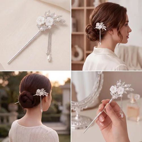 Miniatura 4 de Chuangdi 2 palillos chinos para el cabello para mujer, palillos de pelo plateado con diamantes de imitación, horquilla japonesa vintage, perla