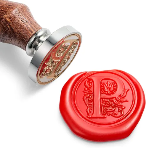 Miniatura 21 de Sello de cera Mceal, sello grande 1 1/5"(30mm) de diámetro, cabeza de latón plateado con mango de madera, serie de letras A a Z de estilo regio