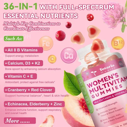 Miniatura 5 de Totaria Gomitas multivitamínicas sin azúcar para mujeres mayores de 14 años con hierro, inositol, folato, biotina, gomitas multivitamínicas diarias