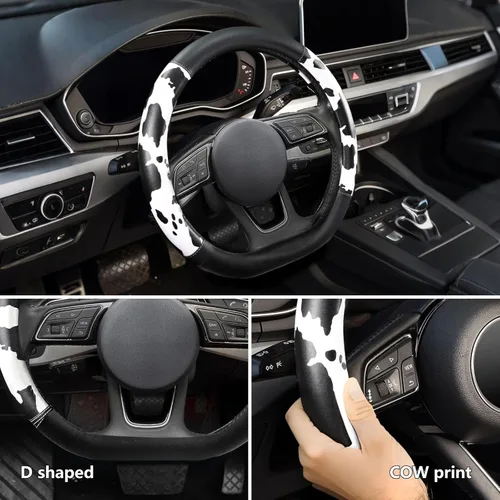 Miniatura 5 de ZHOL Funda para volante con estampado de vaca, cubierta de volante de automóvil en forma de D, piel de microfibra de 14 1/2-15 pulgadas