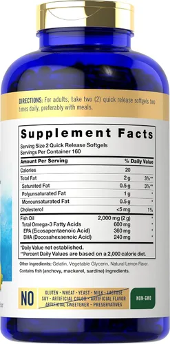 Miniatura 2 de Suplementos de aceite de pescado con Omega 3 Carlyle 2000 mg 320 cápsulas de gel EPA y DHA 600 mg de Omega-3 total Píldoras sin OGM, sin