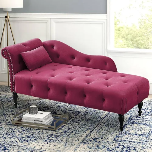 Miniatura 10 de Holaki Tumbona de terciopelo, tumbona decorativa para interiores con almohada, sillón con botón copetudo con brazo derecho con ribete de cabeza