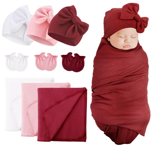 Miniatura 17 de DRESHOW BQUBO Manta para Recién Nacido con Sombrero de Moño y Guantes de Algodón, Manta de Envoltorio para Bebé Cálido, Saco de Dormir para Bebé