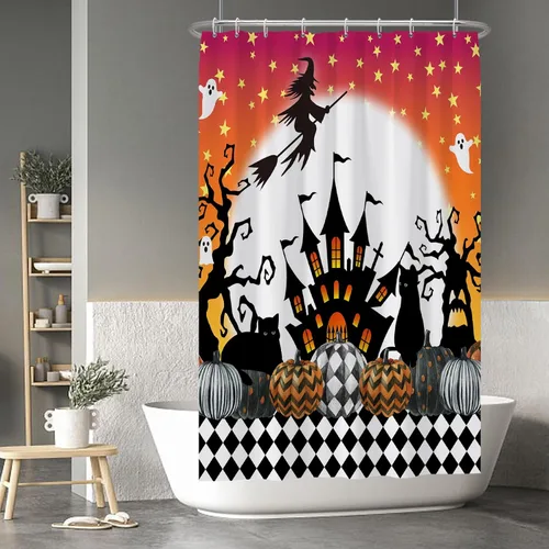 Miniatura 131 de Cortina de ducha de fantasma y gato negro para niños, 36 x 72 pulgadas, espeluznante y bonita, cortina de baño de Halloween con 6 ganchos, cortina