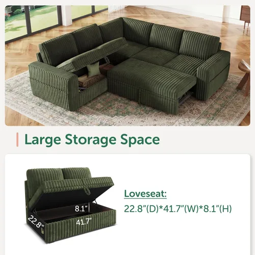 Miniatura 3 de HONBAY - Sofá seccional modular con cama desplegable, sofá en forma de L de pana con almacenamiento, sofás seccionales para sala de estar, verde