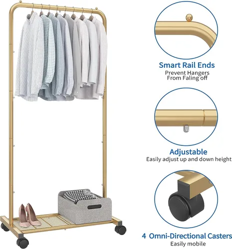 Miniatura 5 de Simple Trending - Perchero estándar para ropa con ruedas y estante de almacenamiento de malla en color amarillo dorado