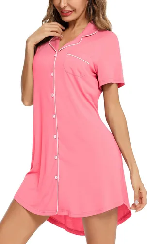 Miniatura 7 de Samring Camisón de pijama para mujer, manga corta/larga, con botones, camisón para dormir, camisón para novio, talla XXL
