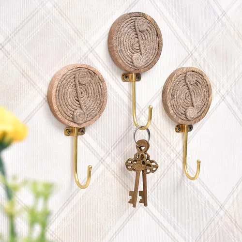 Miniatura 2 de Indian Shelf Juego de 3 llaveros decorativos de madera resistentes hechos a mano para colgar abrigos, chaquetas, correa, sombrero, toalla, mochila