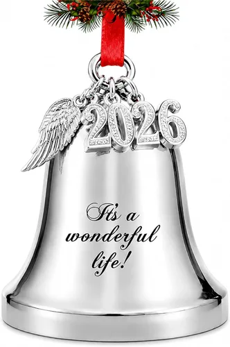 JUPPE Adornos de campana de Navidad grabados en plata 2025 con texto en inglés "It's A Wonderful Life" para árbol de Navidad, boda, aniversario,