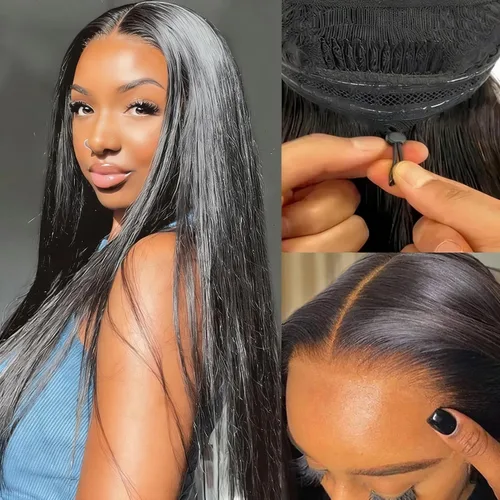 Miniatura 8 de mengkai Pelucas de cabello humano de 32 pulgadas con encaje frontal de 13x6, cabello humano predesplumado liso, peluca frontal de encaje HD