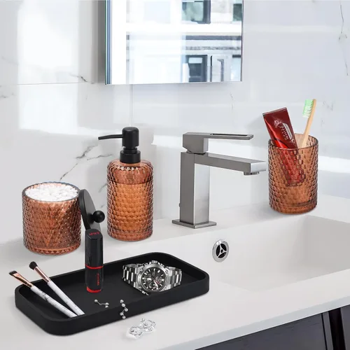 Miniatura 4 de Conjunto de accesorios de baño, 4 piezas de accesorios de baño de vidrio ámbar - Dispensador de jabón de loción, soporte para cepillo de dientes